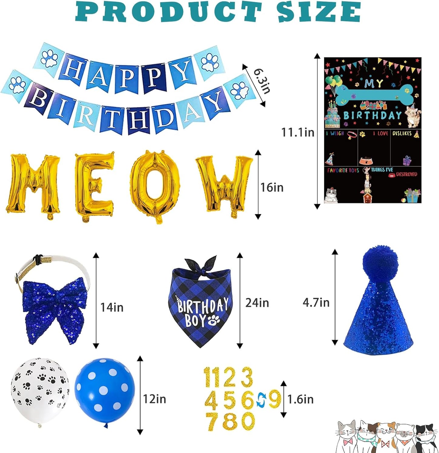 Cat Kitten Birthday Bandanas Cat Birthdays Party Supplies Party Hat Boy with Cat Birthdays Banner Balloons Meow Letter Foil Balloons for Boy Cats Kitten Decorations
