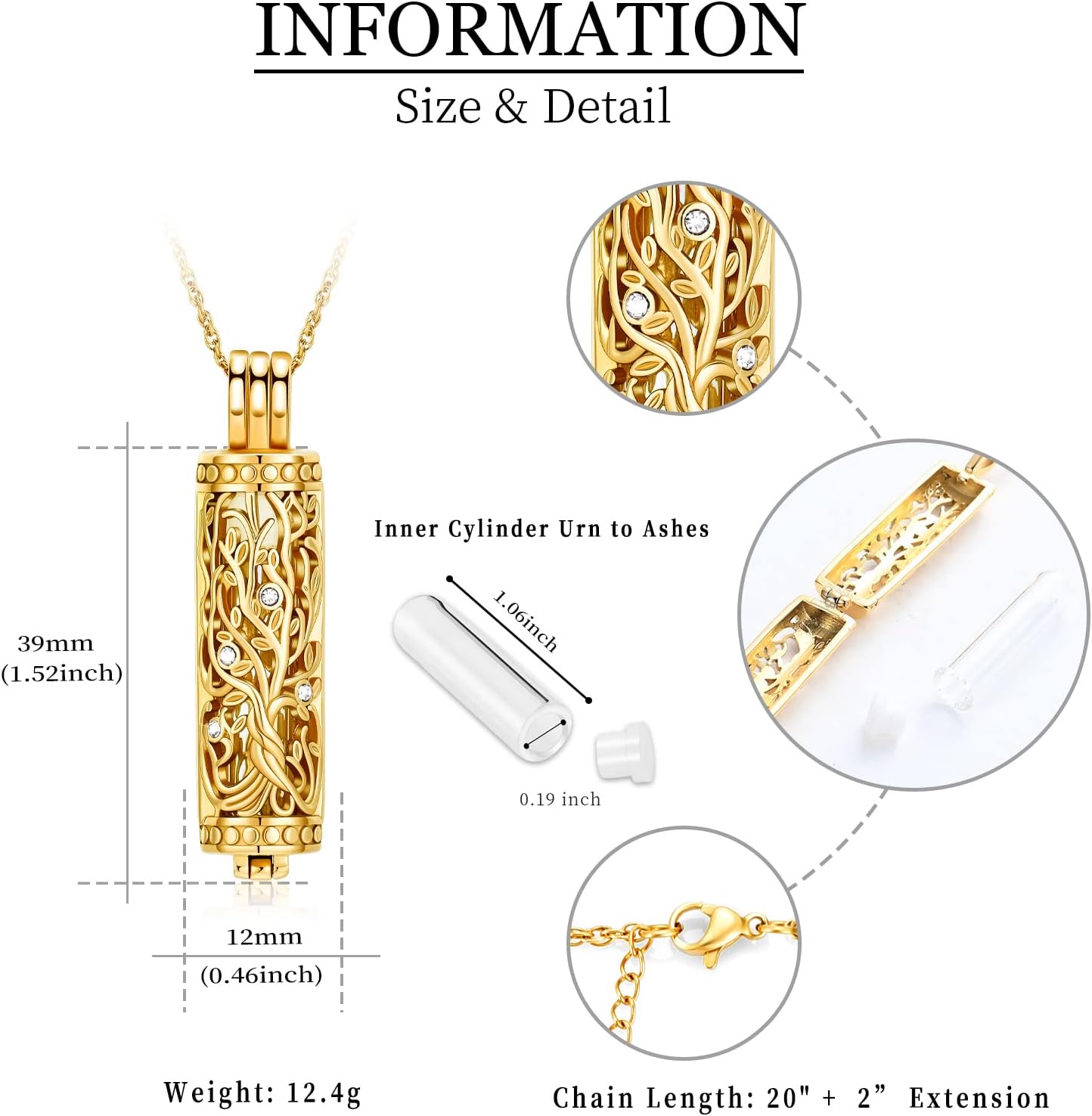 shajwo Cylinder Cremation Jewelry Tree of Life Urn Ashes Necklace for Women Men Vial Cremation Ash Pendant Loved One Memorial Jewelry