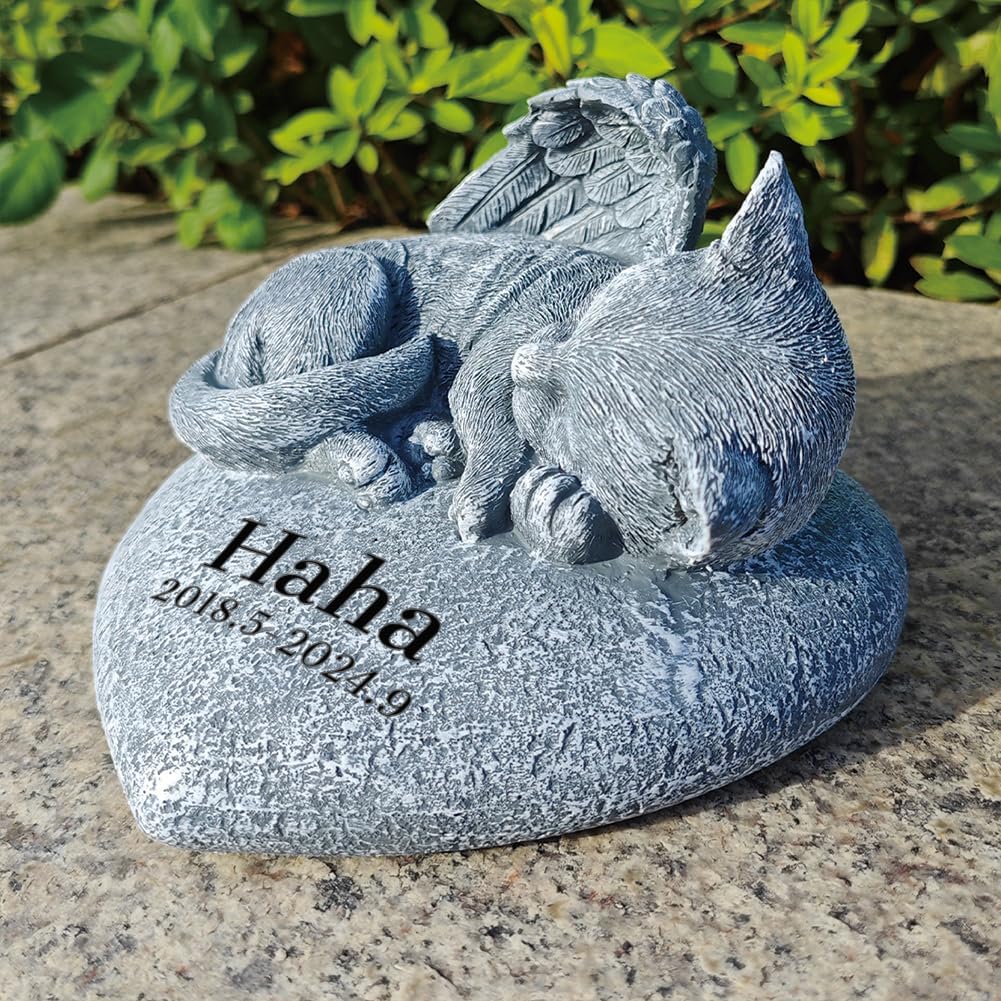 Personalized Cat Memorial Stone Cat Grave Markers Angel Cat Statue Sleeping On Heart Shape Monument Stone, Pet Cat Headstone Garden Tombstone, in Loving Memory of Cat Sympathy Gifts