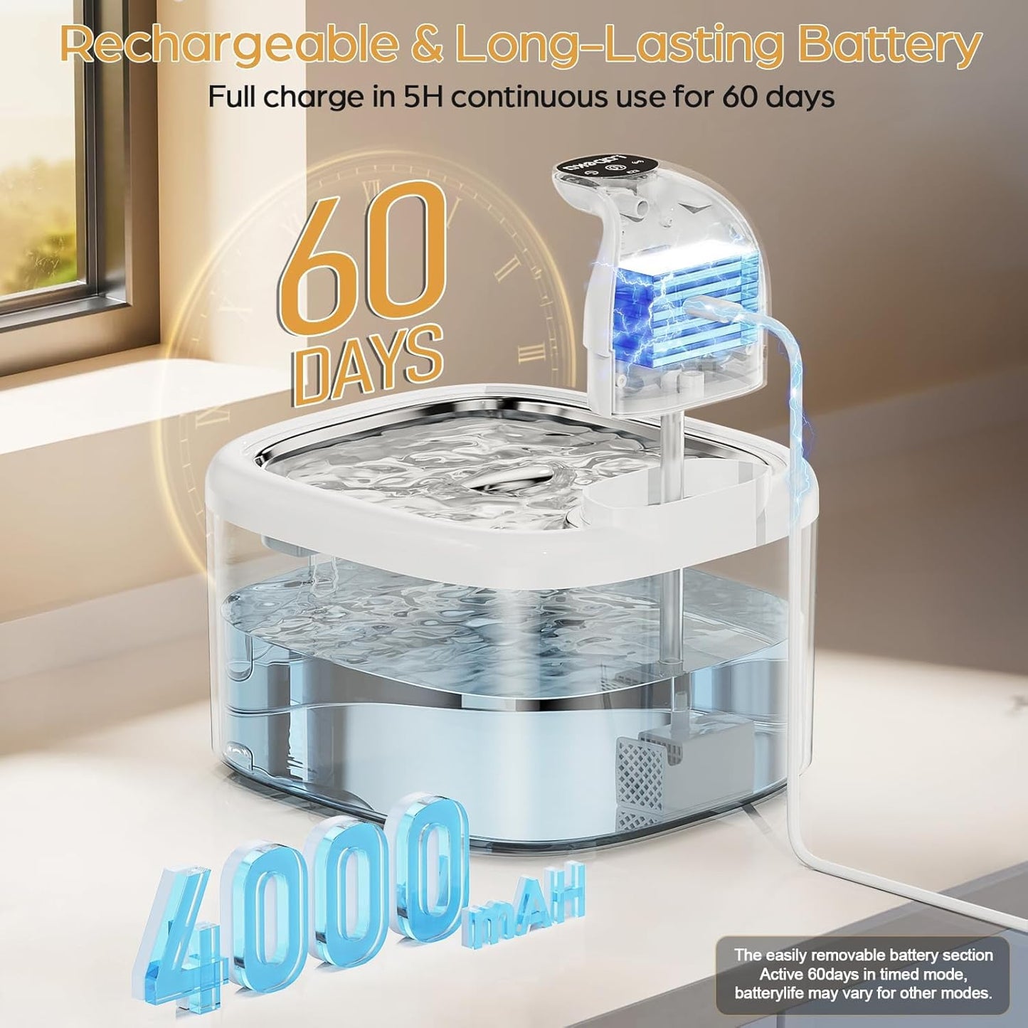 Wireless Cat Water Fountain, 118oz/3.5L Battery Operated Cat Fountain with Stainless Steel Tray, Ultra Quiet with Motion Sensor Automatic Pet Water Dispenser (White, Medium)