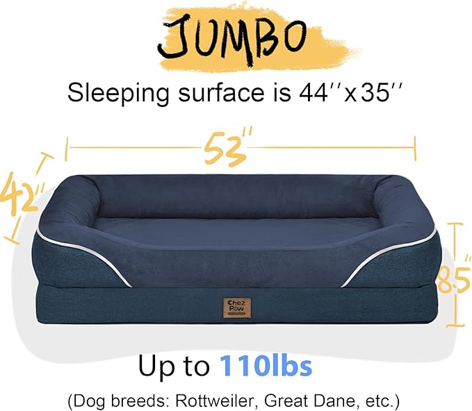 Washable Orthopedic Large Dog Bed - Removable Waterproof Cover with Bolster Machine Washable Extra Large Dog Bed Foam Support XL Large Big Pet Dogs Beds