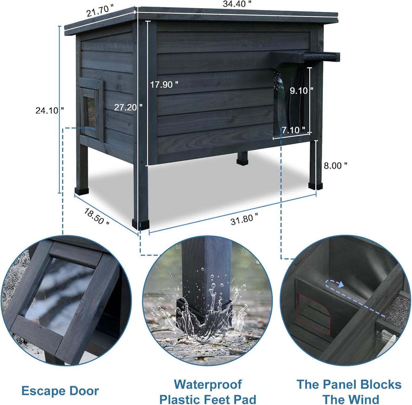 Outdoor Insulated Cat House Feral Cat Enclosure Cat Shelter Weatherproof for Winter with All-Round Foam Escape Door