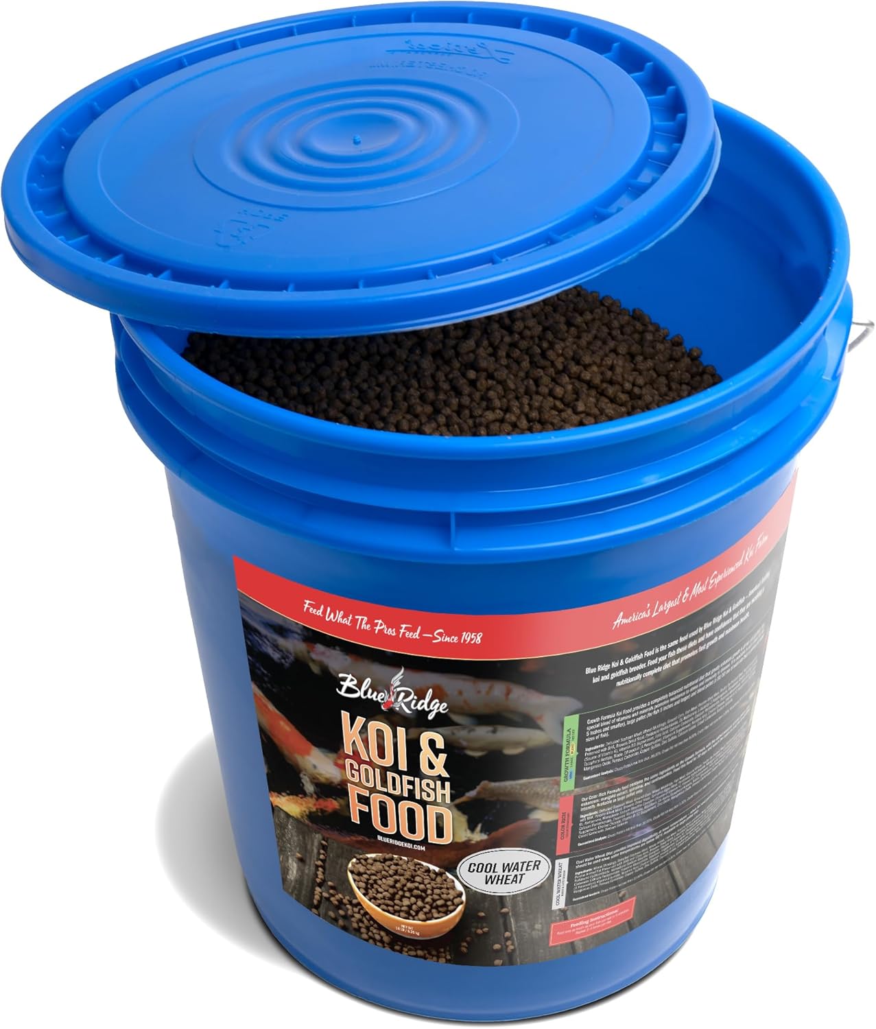 Blue Ridge Koi Fish Food 14lb Bucket - Cool Water Wheat 3/16", Fall and Winter Floating Pond Pellets, Ponds Fish Food