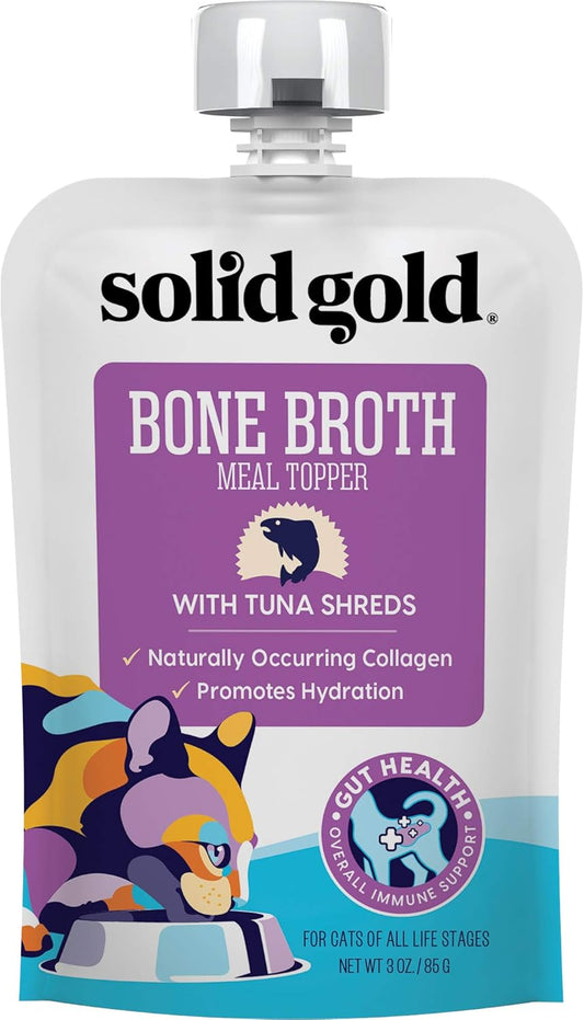 Solid Gold Bone Broth Cat Food Topper - Lickable Wet Cat Food with Protein Shreds for Hydration - Easy to Serve Wet Cat Food Gravy Bone Broth for Cats - Healthy Cat Snacks Treats - Tuna - Single