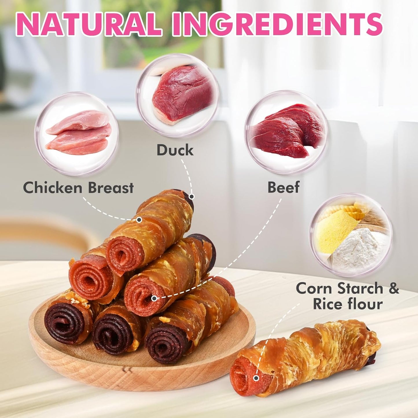Dog Treats, Triple Flavor Chicken Duck Beef Meat Rolls, Rawhide Free Dog Snacks, Soft Treats for Small Dogs, 21.16 oz