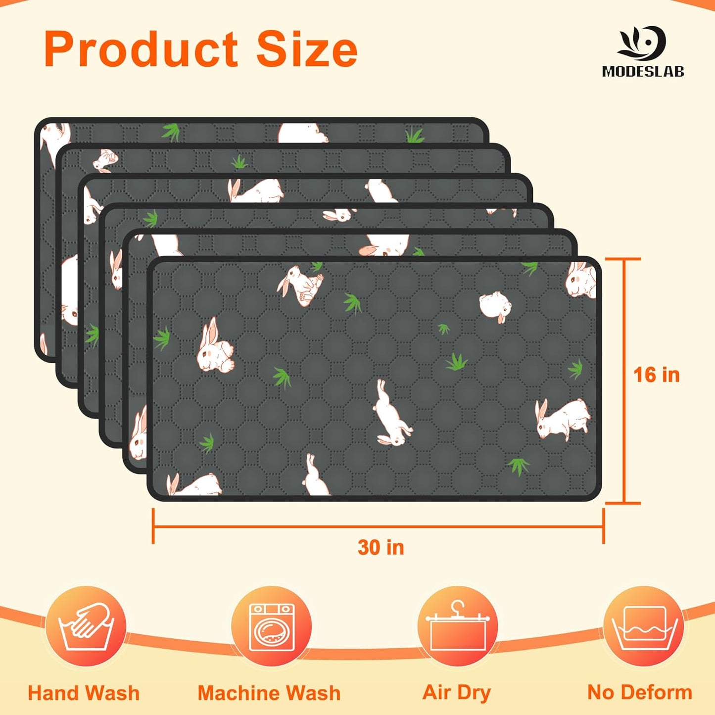 6-Pack Guinea Pig Cage Liner, 16in x 30in Fast Absorption Washable Bedding Pee Pads for Dogs Puppy Rabbit Small Animal Cage Mat, Leakproof & Non-Slip