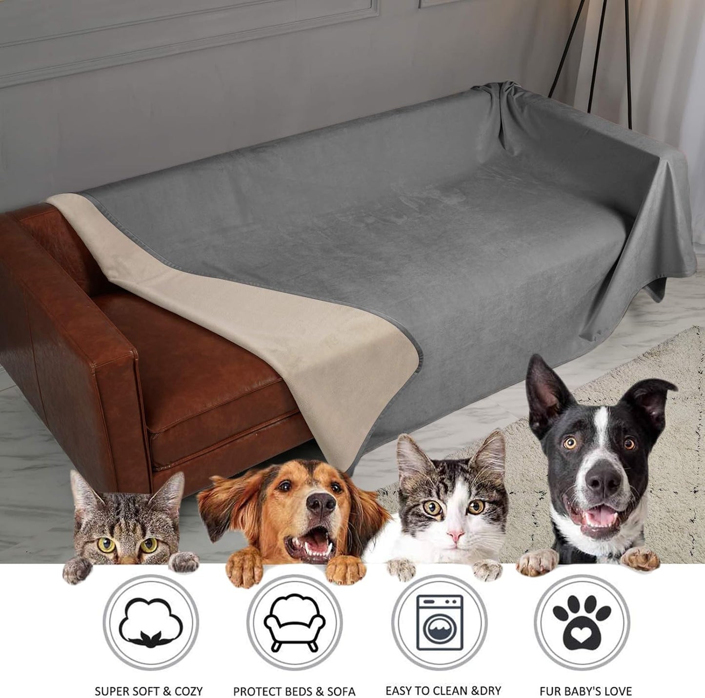 Ameritex Pet Bed Blanket Reversible 100% Waterproof Velvet Super Soft for Sofa and Bed (40x60 Inches, Light Grey+Beige)