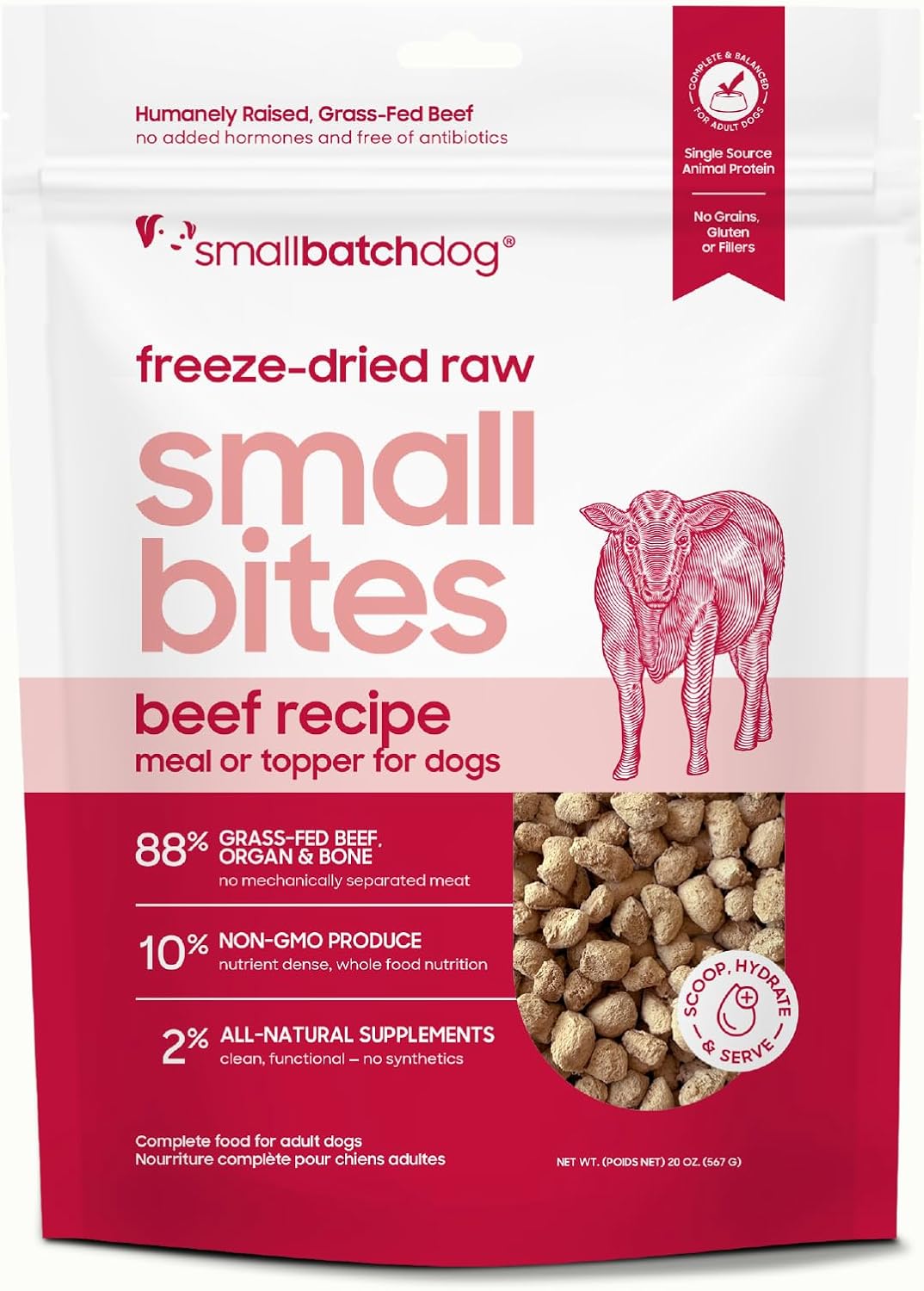 smallbatch Pets Freeze-Dried Raw Dog Food – Beef Recipe – 20oz Small Bites – Grain Free, High Protein, Complete Meal or Topper – Made in USA with Organic Produce & Humanely Raised (20 Oz, Beef)