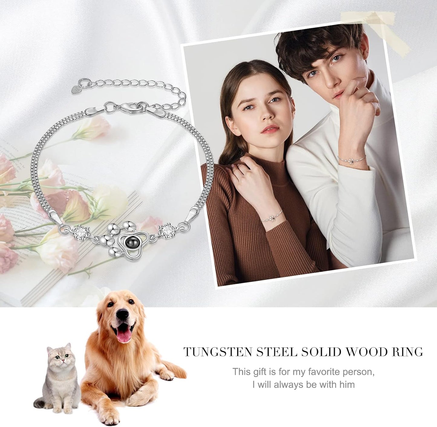 OPALSTOCK Personalized Pet Photo Necklace, Custom Photo Charm Projection Necklace Dog Cat Paw Pendant Pet Memorial Jewelry