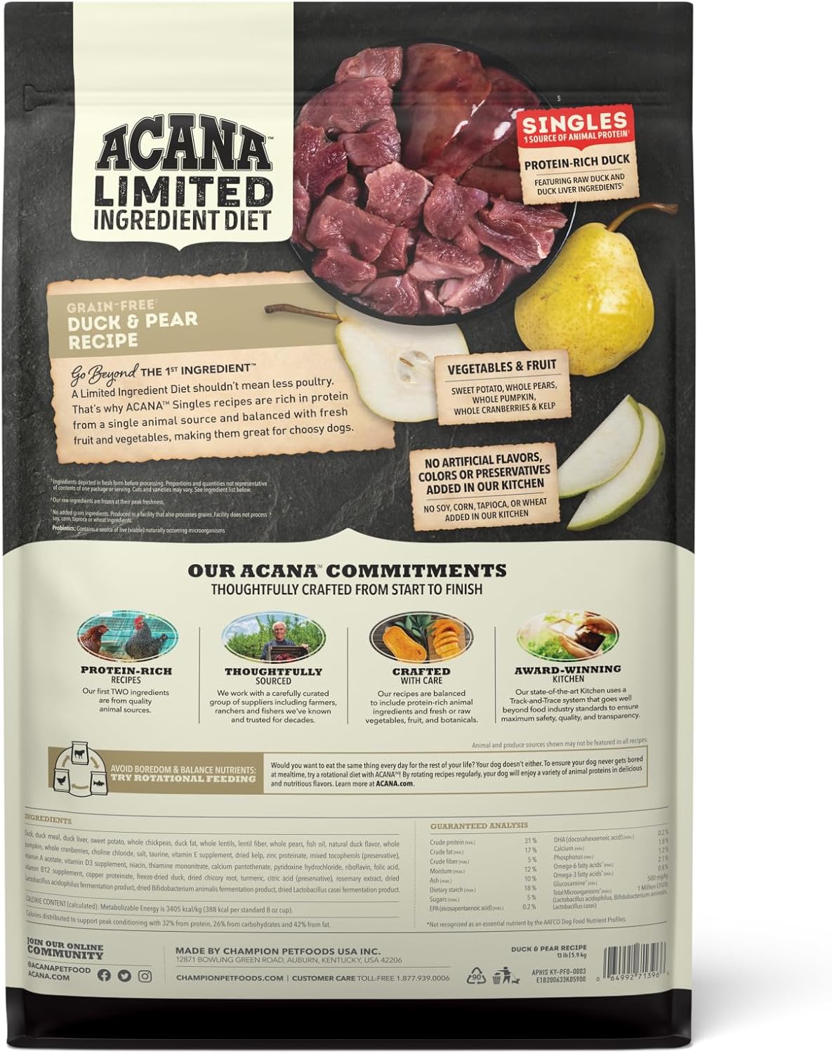 ACANA Singles Limited Ingredient Grain Free High Protein Dry Dog Food Duck & Pear Recipe 13lb Bag