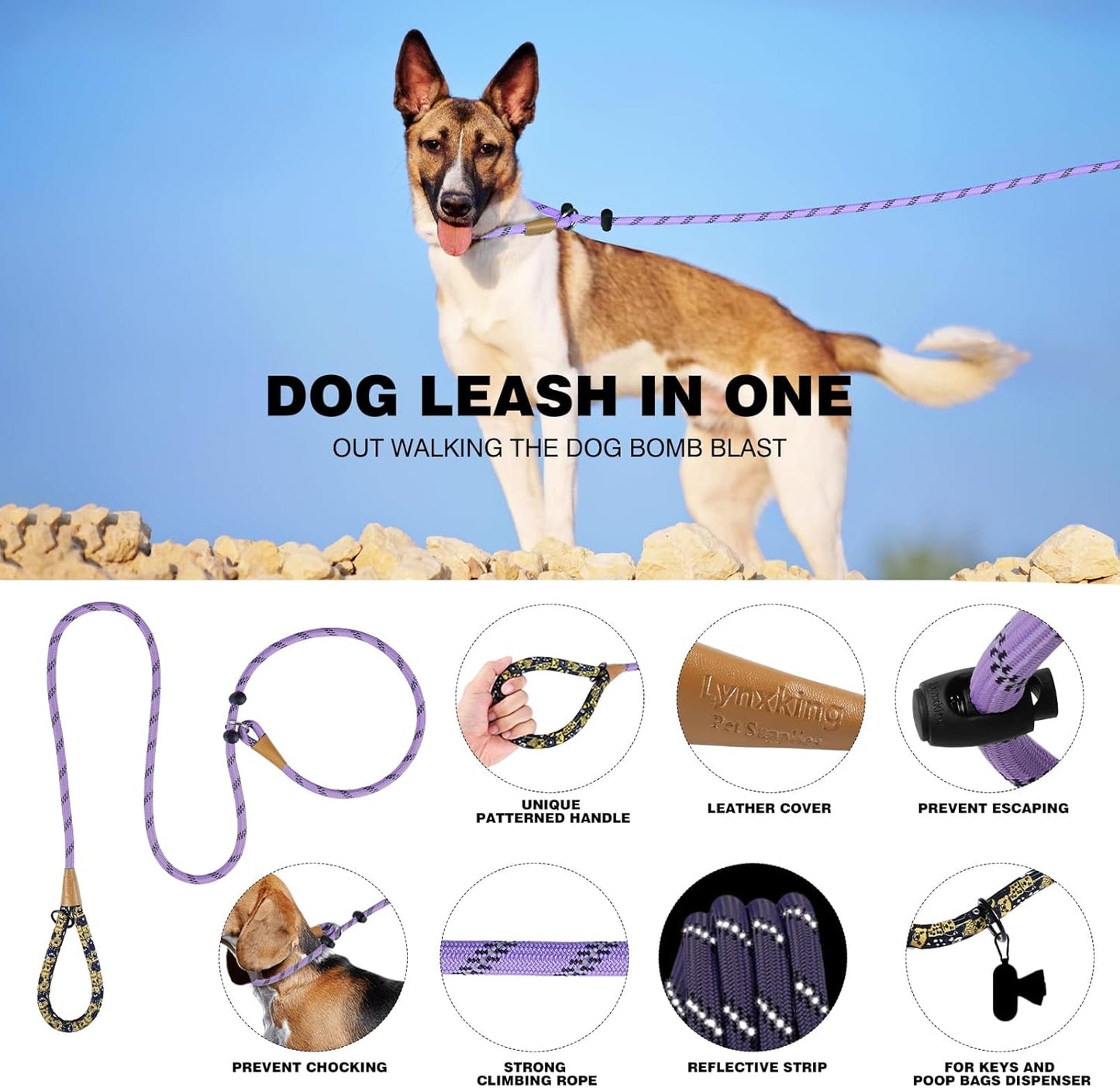 lynxking Slip Lead Dog Leash Reflective, Heavy Duty Comfortable Strong Rope for Large Medium Small Dogs No Pull Pet Training (Light Purple, Large 1/2in x 6ft-Slip Lead)