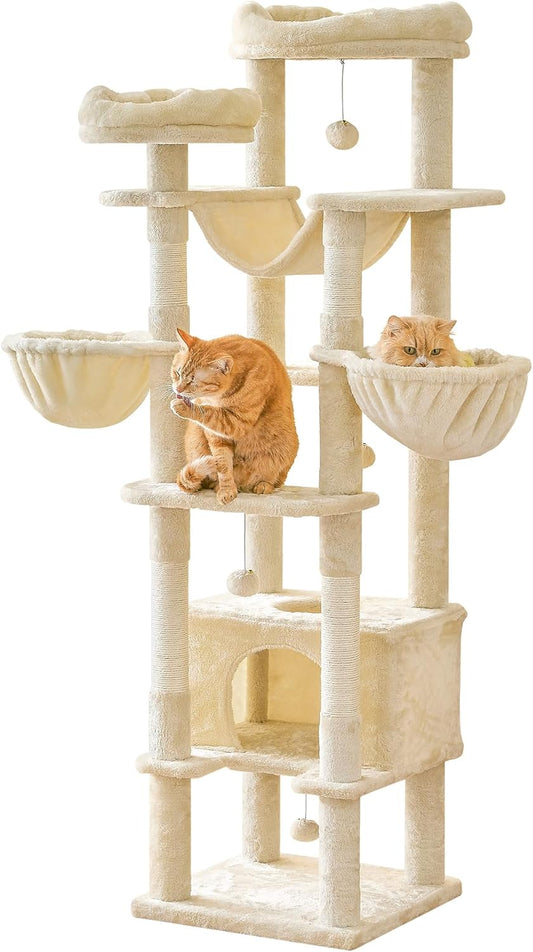 66-Inch Tall Cat Tree for Indoor Cats, Multi-Level Large Cat Tower with 3 Hammocks, 2 Padded Perches, cat Tree Tower with Scratching Post and Hanging Toys for Large Adult, Beige