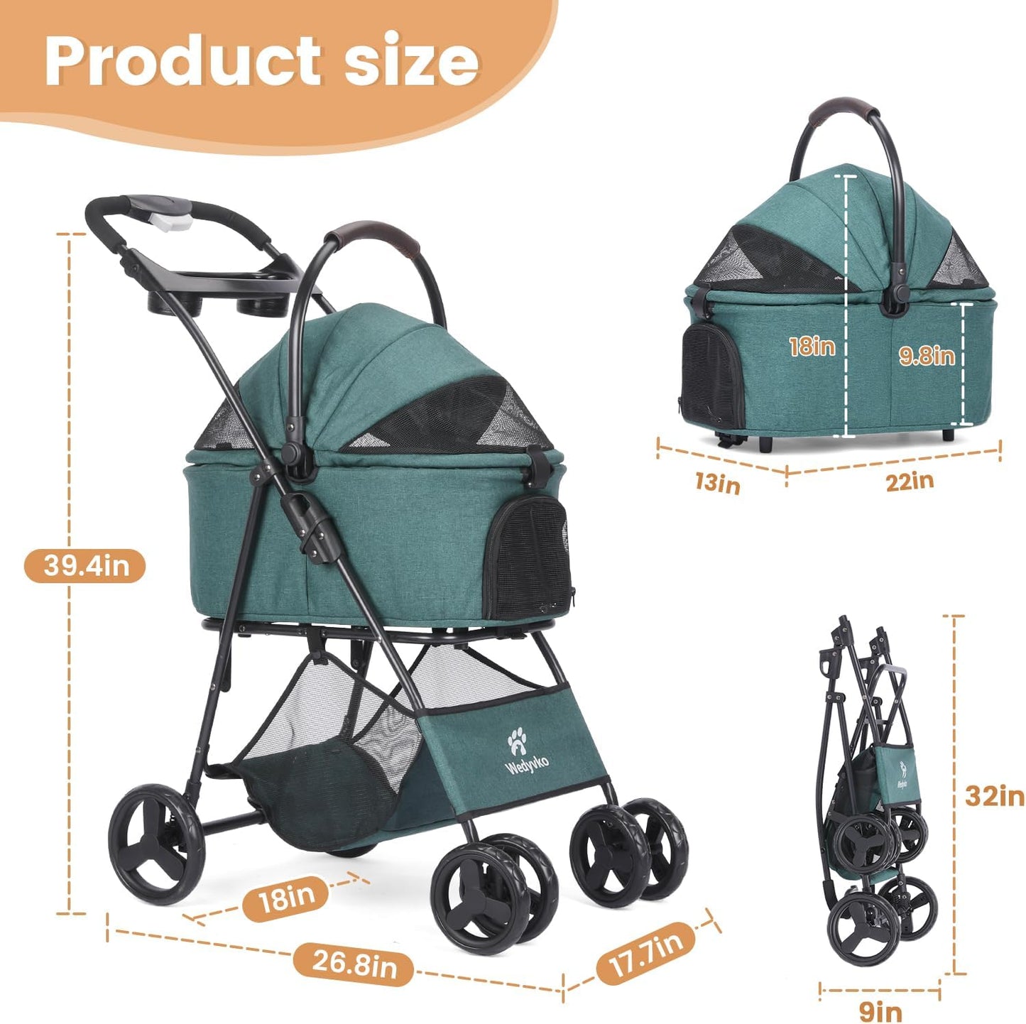 Pet Stroller, 4 Wheels Pet Strolling Cart for Medium/Small Dogs and Cats, Foldable Cat Jogger/Dog Stroller with Cup Holder, Storage Basket, Breathable Mesh, All-Season Pet Carrier (Dark Green)