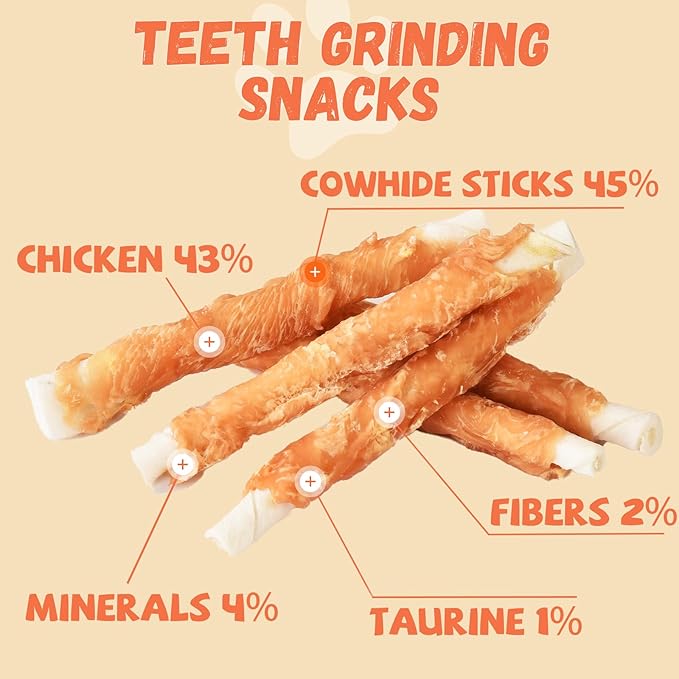 Dog Treats Chicken Wrapped Rawhide Sticks w/Taurine, Long Lasting Dog Chews Trainning Snacks High Protein, Natural Chicken Treats for Small Medium Large Dogs 20-21 Counts, 10.6 oz