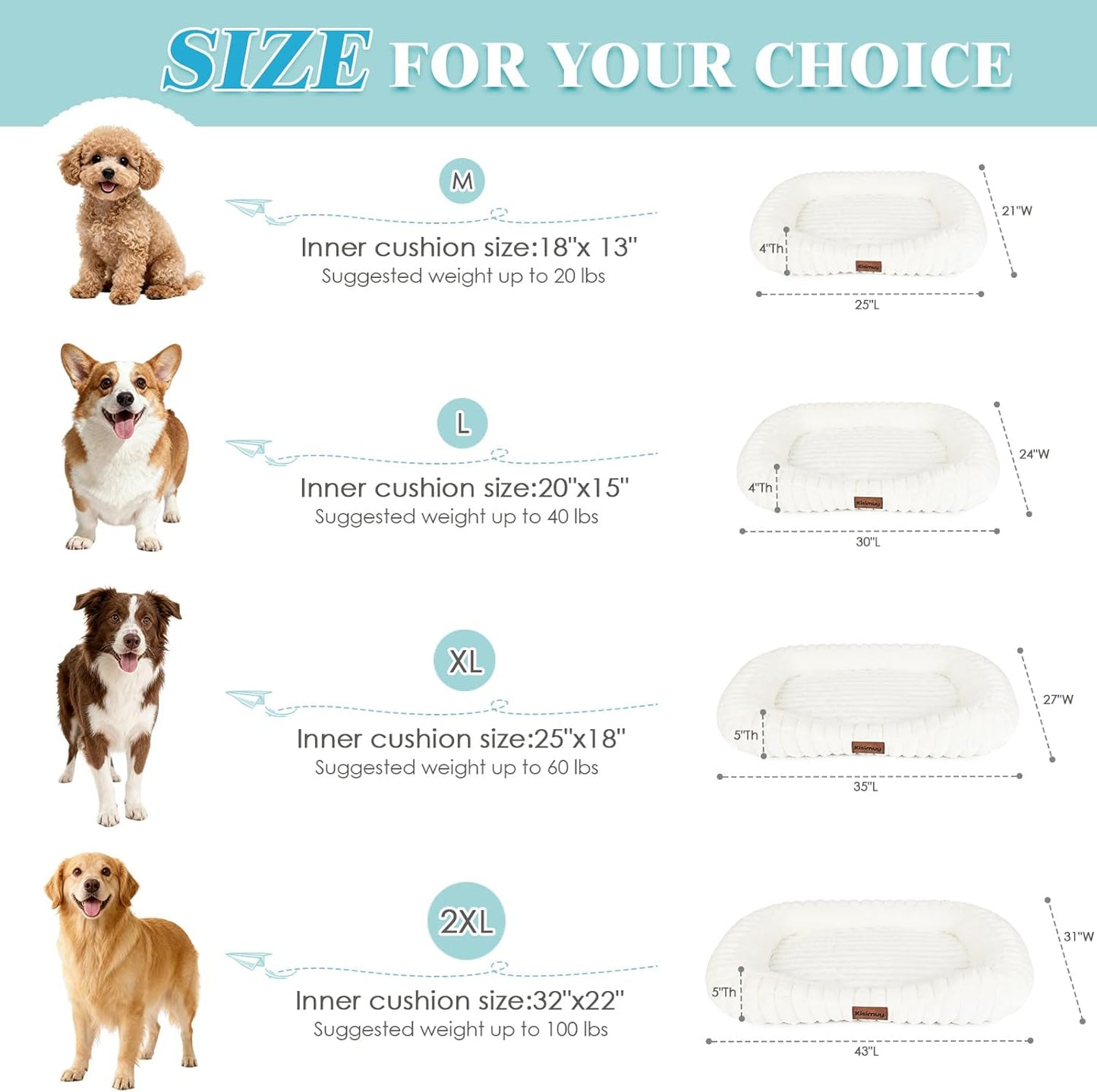 Dog Bed Large Size Dogs Washable Soft Furry Pet Bed, Calming Rectangle Large Dog Bed with Removable Cover & Anti-Slip Bottom, Orthopedic Anti-Anxiety Pet Bed with Handle, 35x27x5inches, Cream