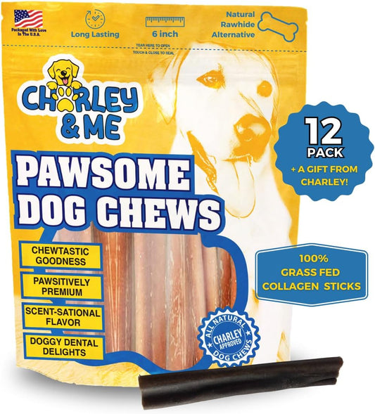CHARLEY & ME Premium Collagen Sticks for Dogs - Long Lasting Dog Treats, Free Dog Chew Sticks - Hip & Joint Support, Healthy Skin, Shiny Coat - 100% Natural Beef - 6 Inches (Pack of 12)