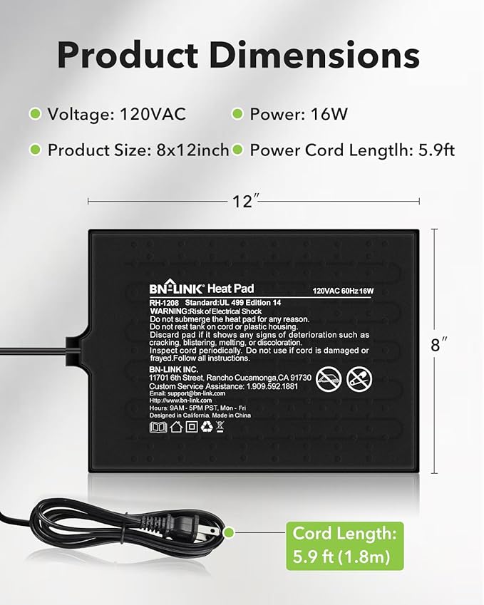 BN-LINK Reptile Heat Pad 8"X12" 16W for 30-40gal Under Tank Terrarium Heating Mat Waterproof for Turtle, Lizard, Frogs, Snake, Hermit Crab
