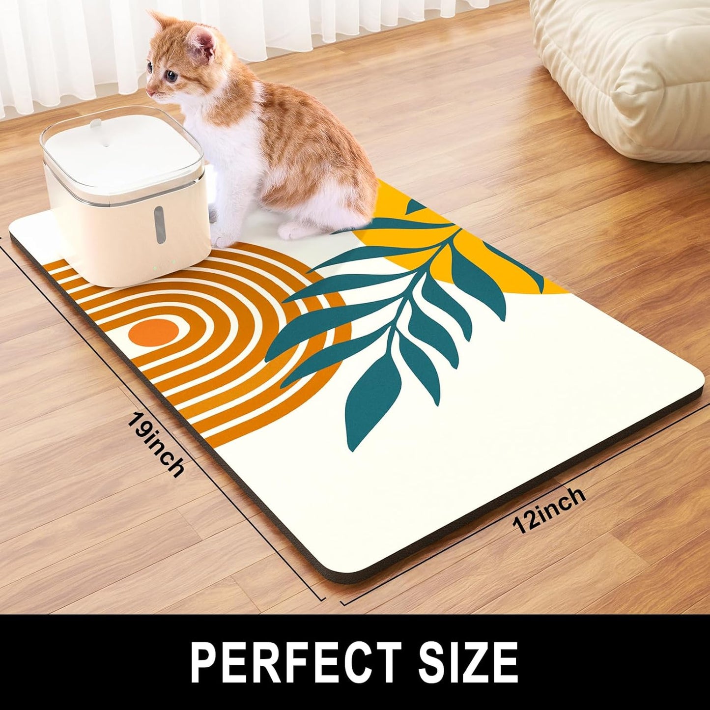 Dog Food Mat, 12" x 19" Absorbent Dog Cat Bowl Mat for Food and Water, Cute Anti-Slip Rubber Pet Feeding Rug Protect Floors, Washable Placemat for Feeding & Watering Supplies, Modern Abstract
