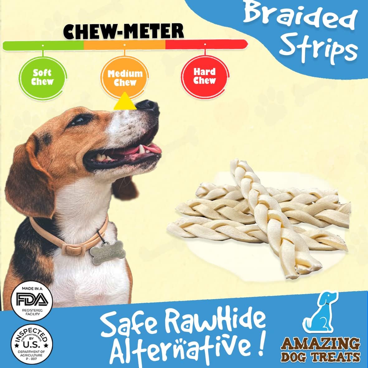 Amazing Dog Treats - Beef Cheek Braids Dog Chew (6 Inch - 15 Pack) - NO Odor - Rawhide Alternative - Beef Cheek Slice Chip Sticks - No Dyes, Chemicals, or Preservatives