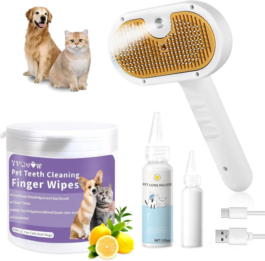 Pet Steam Brush for Dog & Cat – 3-in-1 Spray Hair Removal Comb – Steam Brush for Shedding & Grooming – Spritz Defur Comb – Includes Waterless Shampoo & Dental Wipes