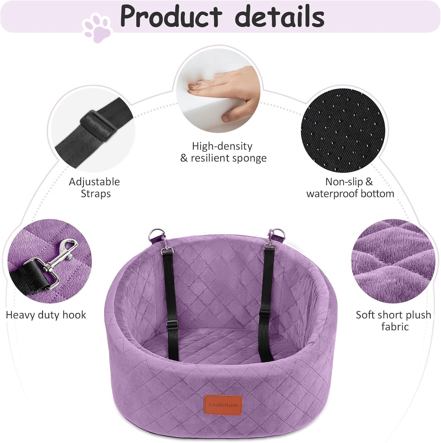 Dog Car Seat for Small Dogs Up to 30 Lbs,Ultra Soft Fabric Fill in Comfy Memory Foam,Happy Pet Ride,2 Safety Dog Leashes,Fully Detachable and Washable,Anti Slip Base(Purple)