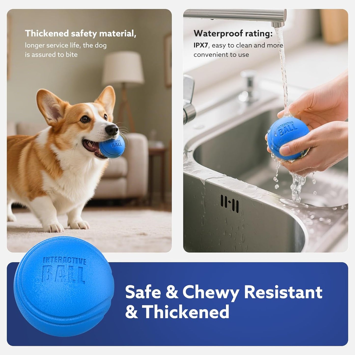 Interactive Dog Toys Ball, Smart Action Activated Rechargeable Pet Toy, TPU Material, IPX7 Waterproof Rating, Automatic Rotating/Bouncing/Moving, Suitable for Small/Medium Dogs-Blue