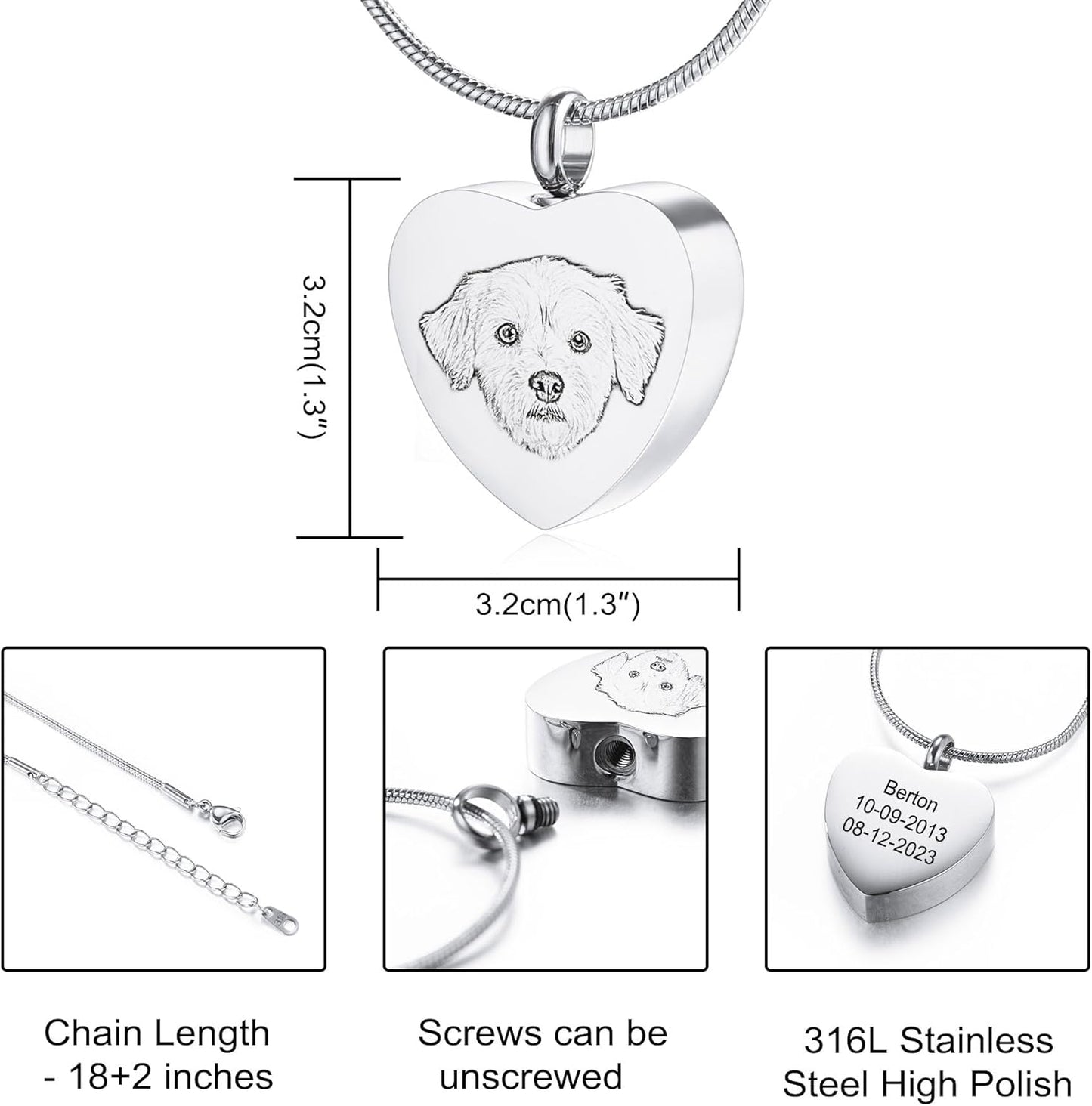 MeMeDIY Personalized Heart Paw Print Ashes Urn Pendant Necklace Custom Name/Photo/Date for Women Men Pet Lover Stainless Steel Memorial Dog Cat Pet Keepsake with Funnel Fill Kit Angel Wing