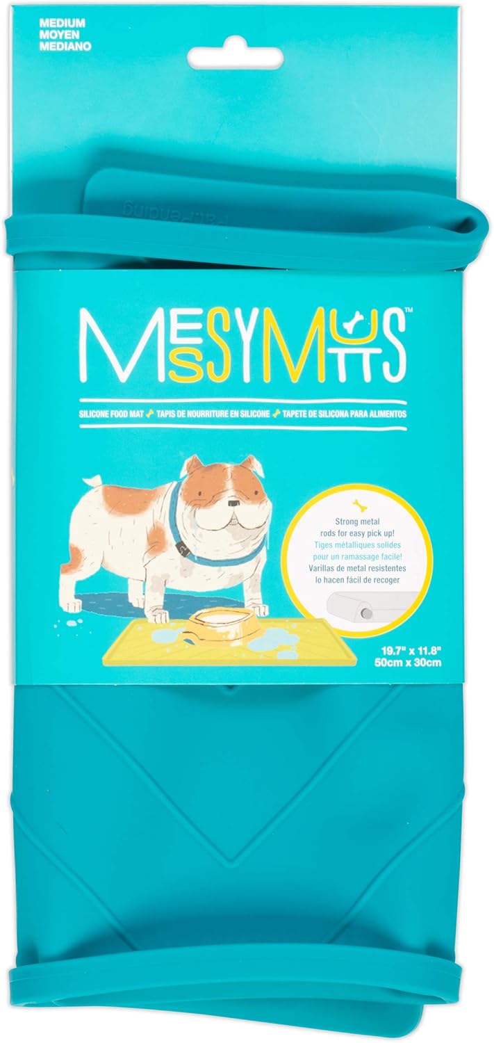 Messy Mutts Silicone Non-Slip Dog Bowl Mat with Raised Edge and Two Sides Reinforced with Metal Rods | Dog/Cat Bowl Mat with Spill-Proof Lip | Large, 24” x 16” | Blue
