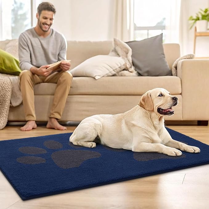 Buganda Dog Door Mat for Muddy Paws, Absorbent Dirt Trapper Washable Indoor Doormats, Non Slip Low-Profile Mud Mat for Dogs, Front Entrance Doormat for Inside Floor (30x20 Inches, Navy)