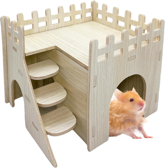 Hamster Wooden House Hamster Hideout Hut Maze Cage Accessories with Ladder and Platform for Syrian Hamsters Dwarf Gerbil Mouse