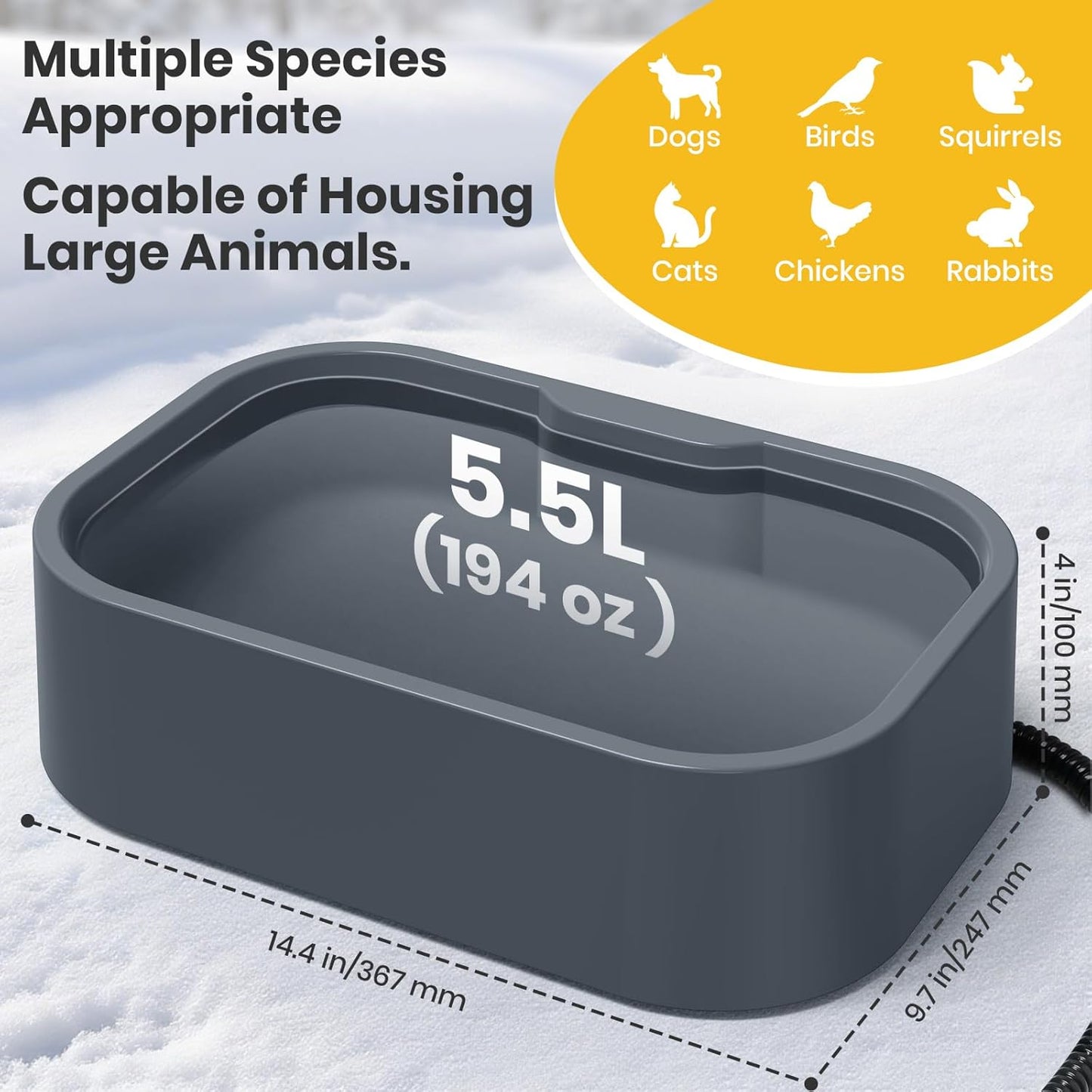 IPOW Extra Large Heated Pet Bowl with 5 Layers Design for Heating & Heat Preservation Provides Drinkable Water & Food in Winter Heated Water Bowl for Cat Rabbit Chicken Duck Squirrel, 194 fl oz