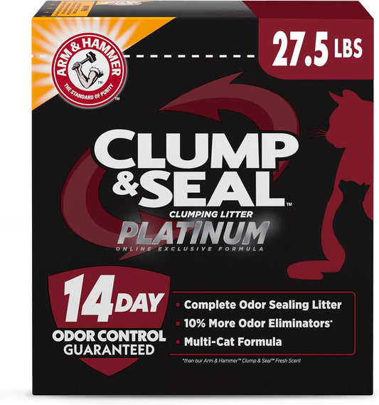 ARM & HAMMER Clump & Seal Platinum Cat Litter, Multi-Cat, 14-Day Odor Control, Rock-Hard Clumps, 27.5 lbs – Powerful Odor Eliminator with Baking Soda