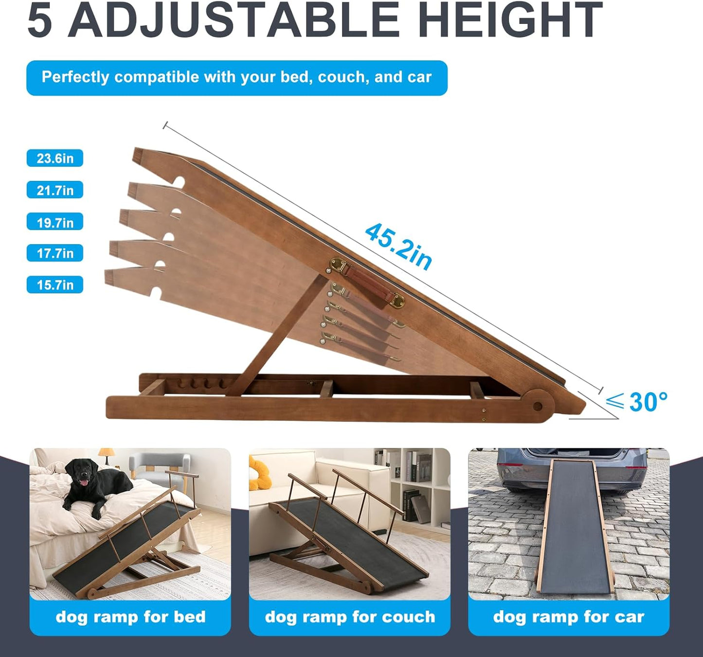 Dog Ramp for Bed and Couch, 5 Height Adjustable Solid Wood Pet Ramp for Small, Medium & Large Dogs, Collapsible Anti-Slip Dog Ramp for Sofa, Couch & Beds (Brown, 115)
