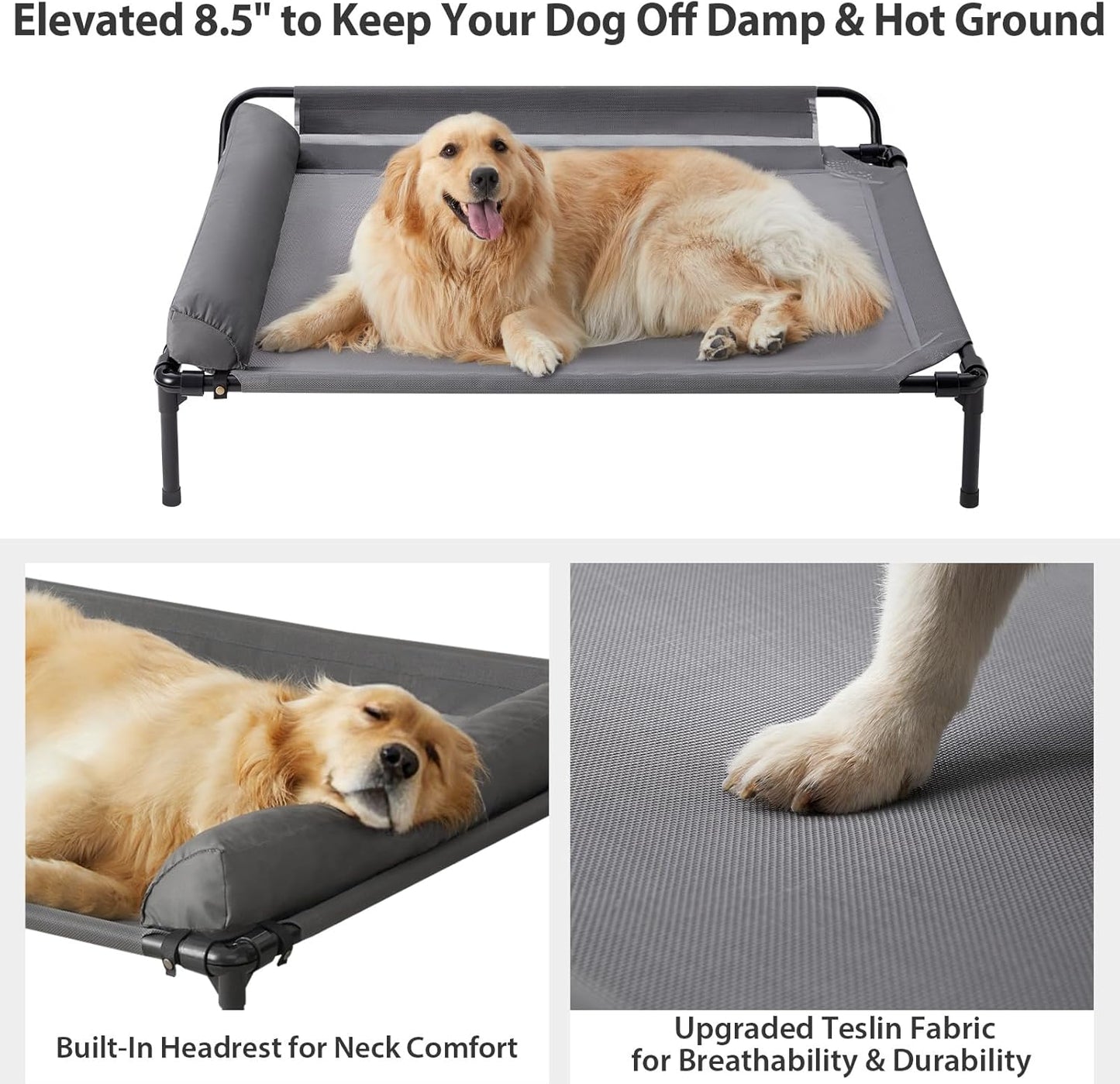 Cooling Elevated Dog Beds, Outdoor Raised Dog Bed for Large Pet, Elevated Outdoor Pet Cot, Durable Breathable Teslin Mesh with Slope Headrest, Chew Proof Portable Pet Bed for Indoor and Outdoor Use
