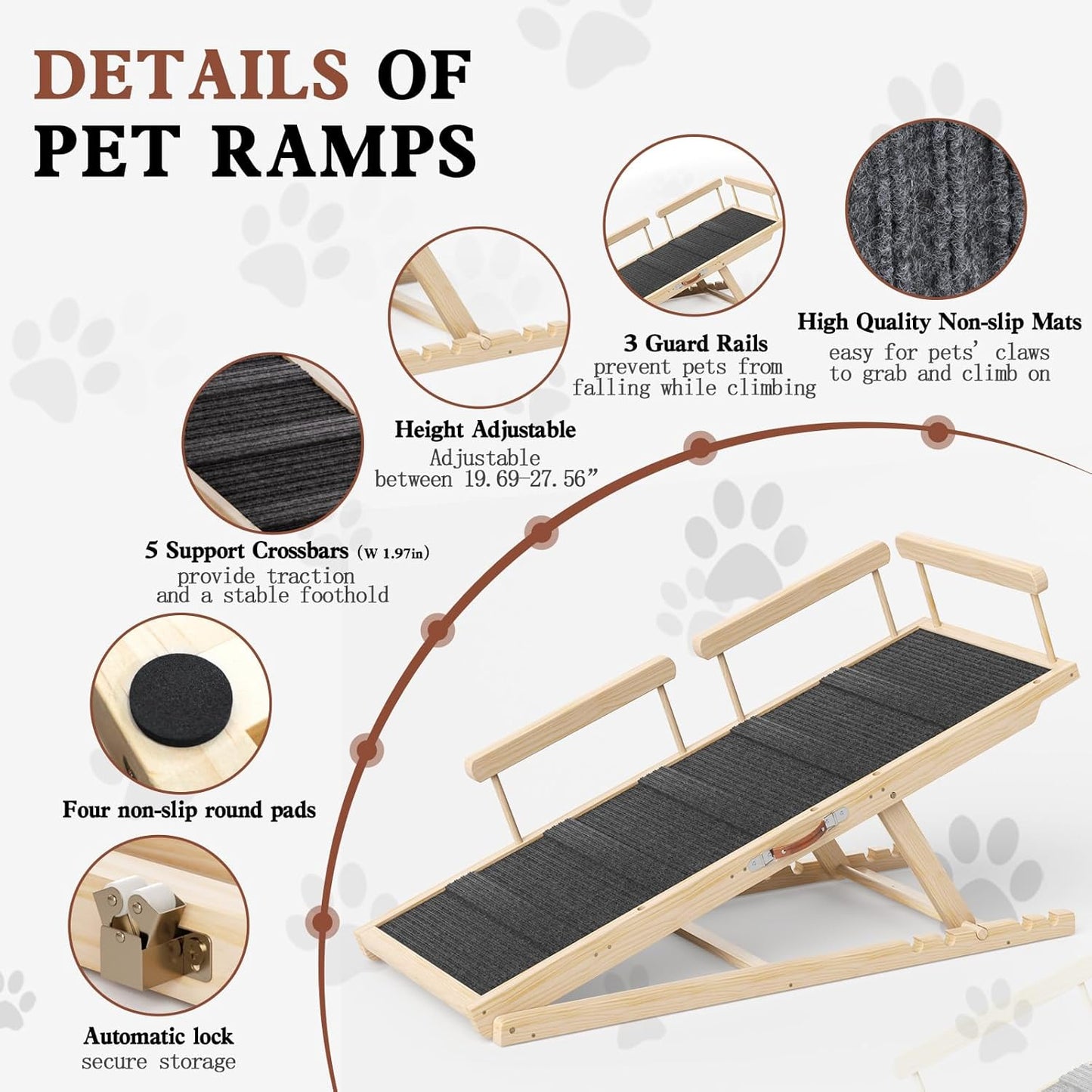 Dog Ramp for High Bed, Couch, Car, Pet Ramps 55.12" Long Adjustable 19.7"-27.6" Wooden Dog Step with High Traction Mat & Safety Side Rails for Small Medium Large Older Pets, up to 250 lbs