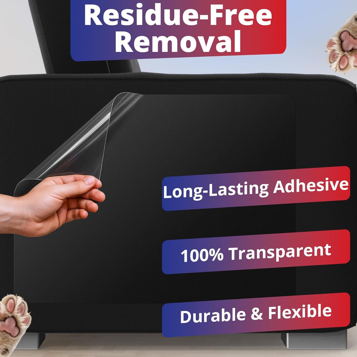 Anti Cat Scratch Furniture Protector and Couch Corner Guard, Clear Deterrent Tape, Pet-Safe, Residue-Free, Durable for Cats on Leather & Fabric, 16 XL Sheets with 65 Pins & Toy