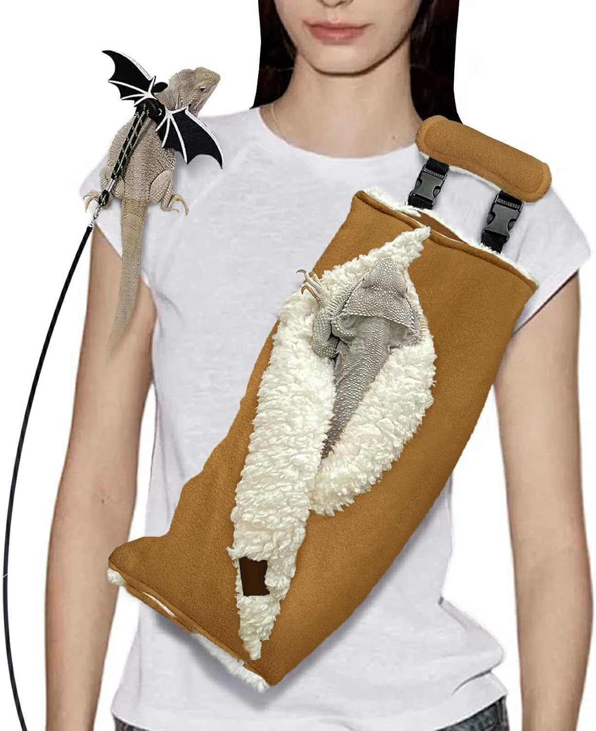 Adjustable Fluffy Bearded Dragon Sling Carrier Bag, Reptile Carrier with Leash Harness Lizard Cage Accessories for Small Animal, Kitty, Ferrets, Squirrel, Hamsters,Parrot (Caramel)