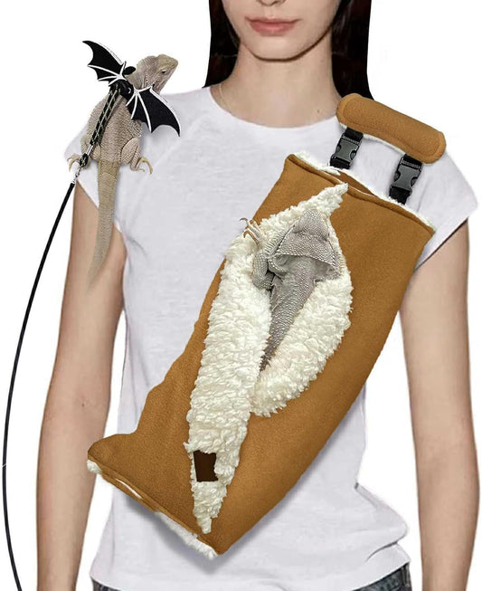 Adjustable Fluffy Bearded Dragon Sling Carrier Bag, Reptile Carrier with Leash Harness Lizard Cage Accessories for Small Animal, Kitty, Ferrets, Squirrel, Hamsters,Parrot (Caramel)