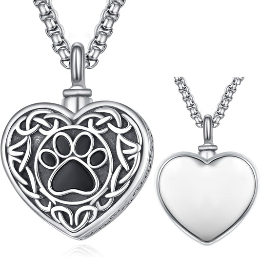Pet Cremation Urn Necklace for Dog Cat Ashes 925 Sterling Silver Paw Print Keepsake Pendant Celtic Knot Memorial Jewelry for Women Men