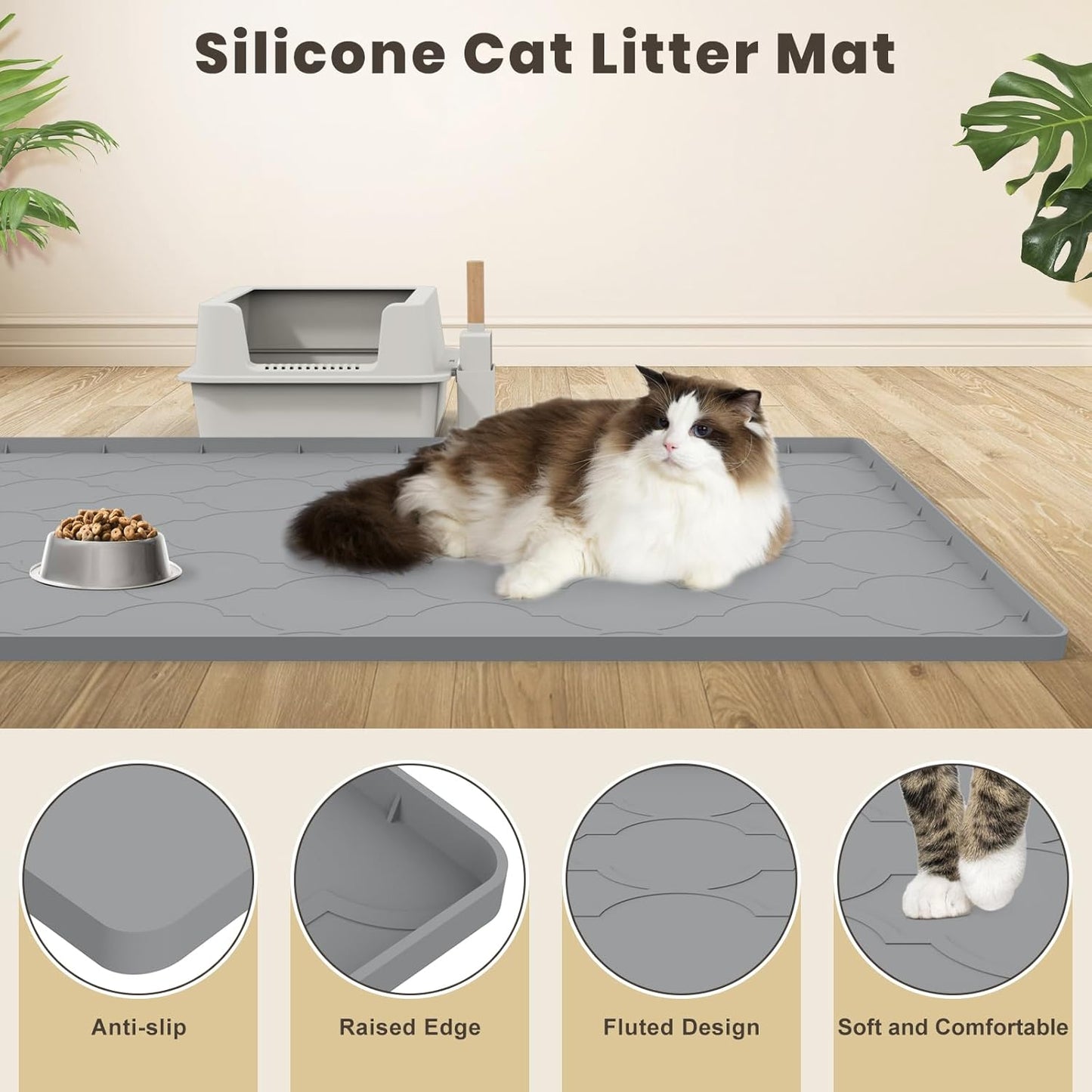 Cat Mat for Litter Box, 38" X 26" Large Silicone Cat Litter Trapping Mat, Easy Clean for Scatter Control, Soft on Kitty Paws, Waterproof, Urine-Proof, Non-Slip Kitty Litter Mat for Floor, Gray
