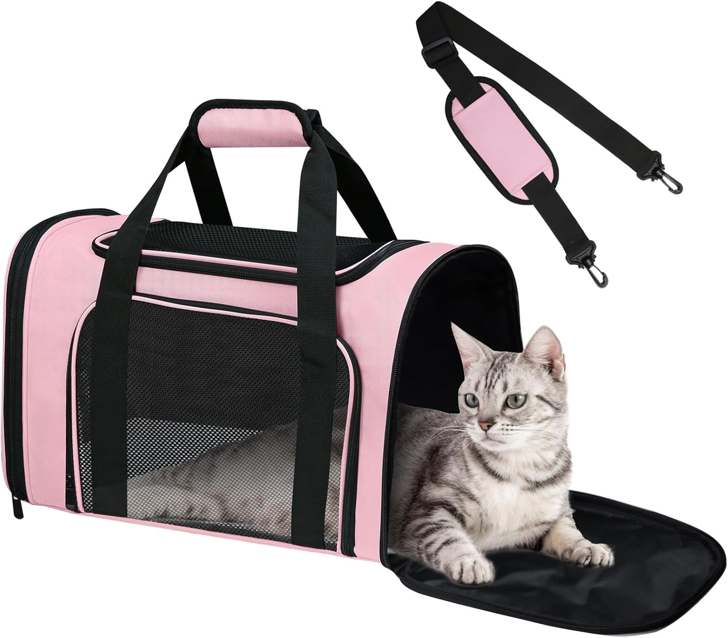 Airline Approved Pet Carrier 17"x11"x11" – Soft Sided Cat Dog Travel Bag for Small Pets up to 15 lbs, Portable Collapsible Pet Carrier Under Seat with Mesh Ventilation & Shoulder Strap(Pink)