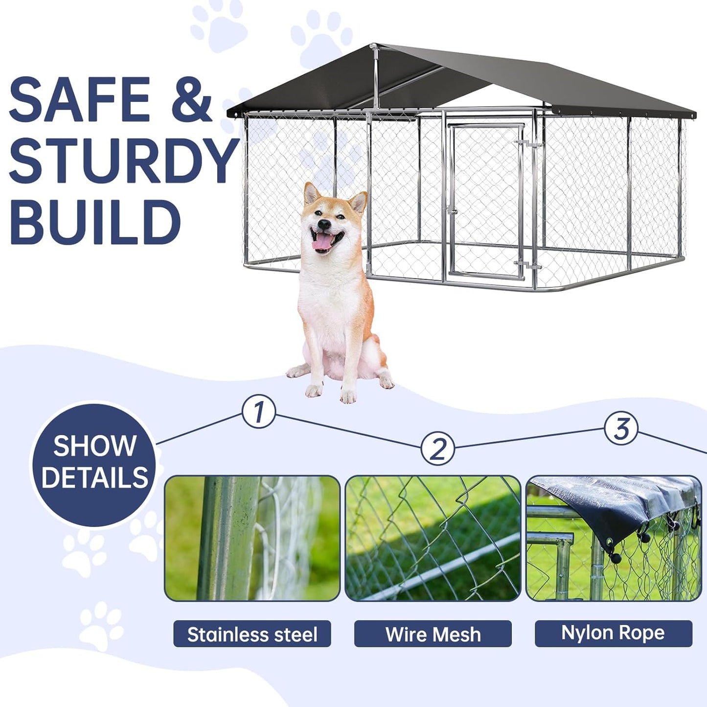 Outdoor Dog Enclosure Heavy Duty Dog Kennel House Mesh Dog Big Cage Pet Kennel Steel Fence with Secure Lock(118”x 118”)