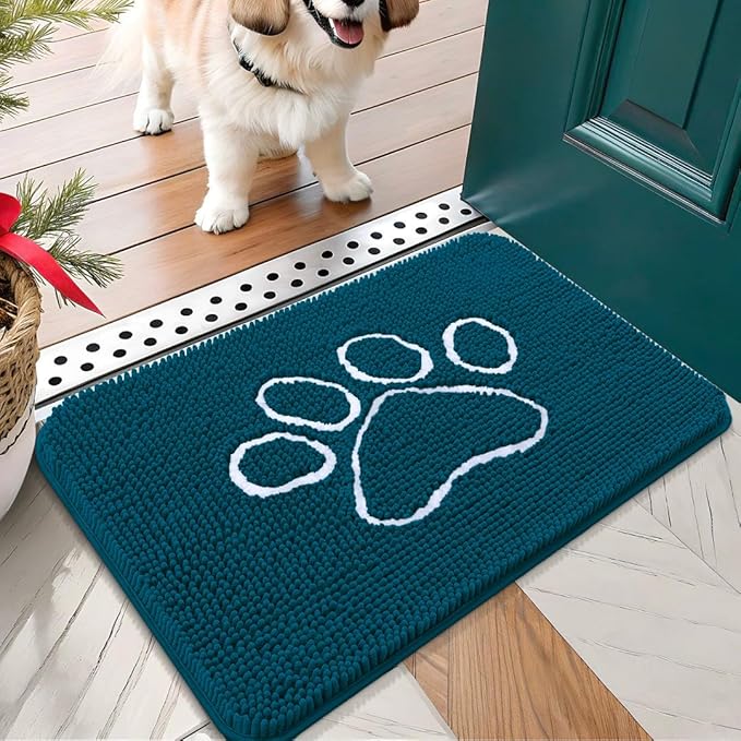 OLANLY Door Mat for Muddy Dog Paws 24x16, Absorbent Chenille Mud Doormat with Paw Print Design, Non-Slip Washable Doormat for Indoor Entryway, Quick-Dry Pet Bed Mats for Dirty Dogs, Atlantic Blue