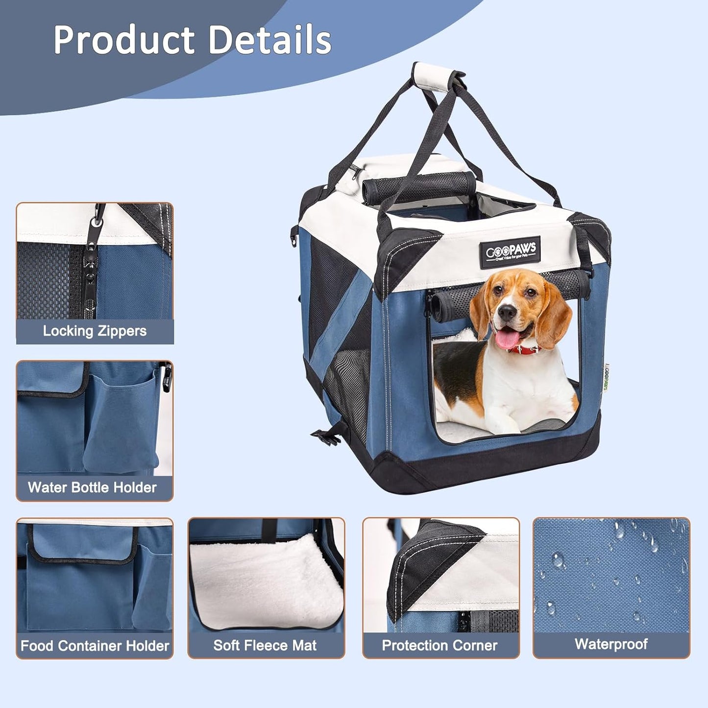 JESPET Soft Dog Crates Kennel for Pets, 3 Door Soft Sided Folding Travel Pet Carrier with Straps and Fleece Mat for Dogs, Cats(6-Lake Blue, Small(24" L x 16.5" W x 16.5" H))