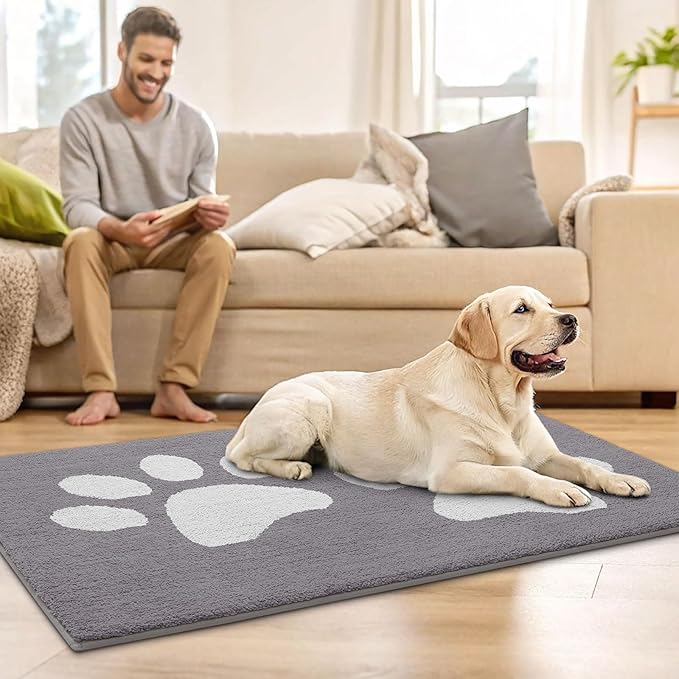 Buganda Dog Door Mat for Muddy Paws, Absorbent Dirt Trapper Washable Indoor Doormats, Non Slip Low-Profile Mud Mat for Dogs, Front Entrance Doormat for Inside Floor (47x32 Inches, Light Grey)