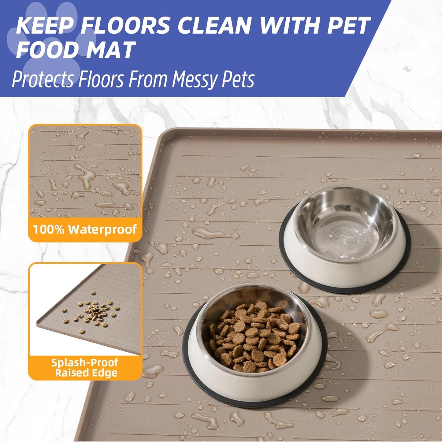 Large Dog Mats for Food and Water, 32"x24" Waterproof Pet Food Mats for Floor Nonslip Silicone Bowl Mats with Raised Edges