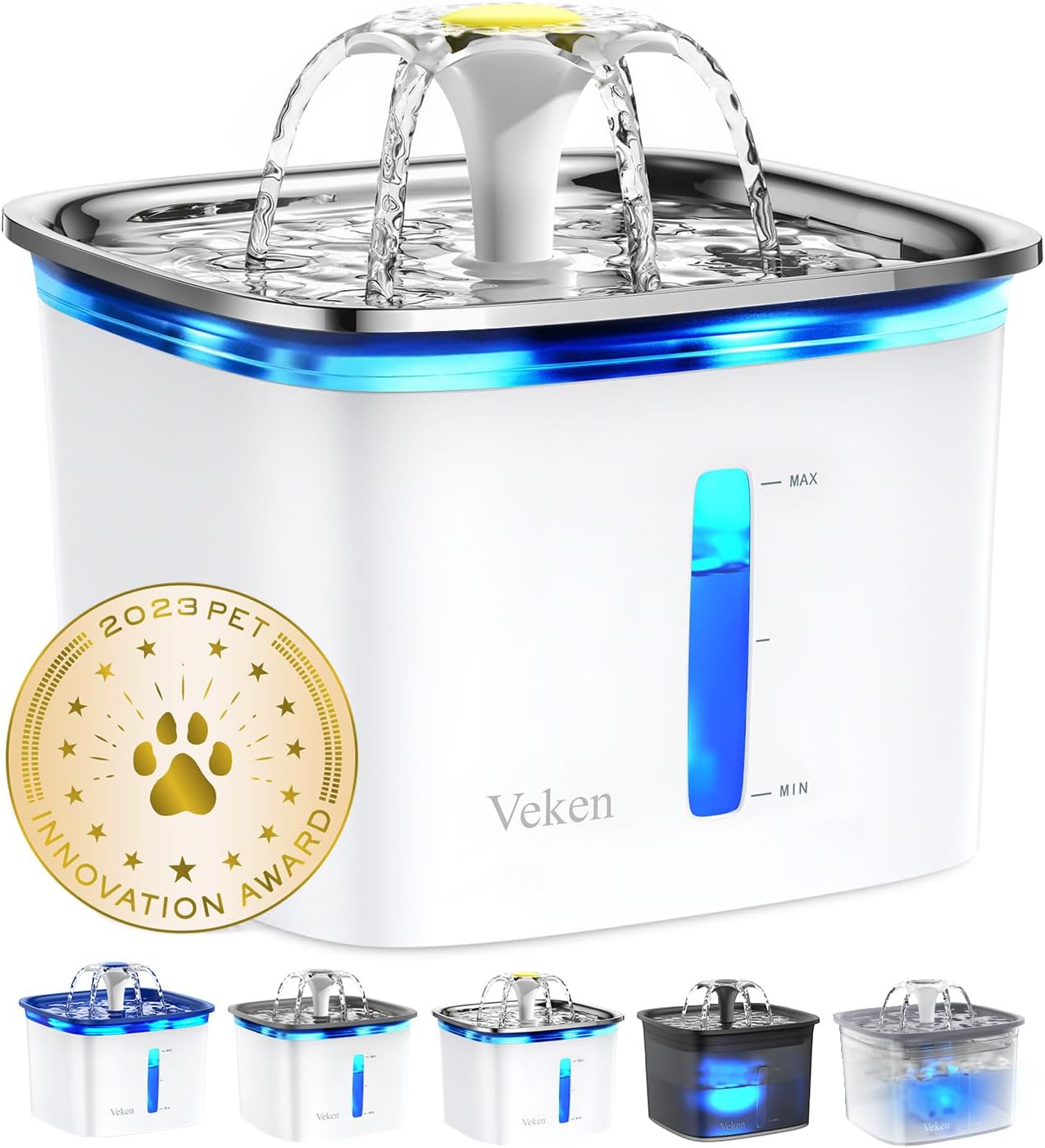 Veken Innovation Award Winner 95oz/2.8L Cat Water Fountain with Stainless Steel Lid, Automatic Pet Fountain Dog Water Dispenser with Replacement Filters for Cats, Dogs (Silver, Stainless Steel)