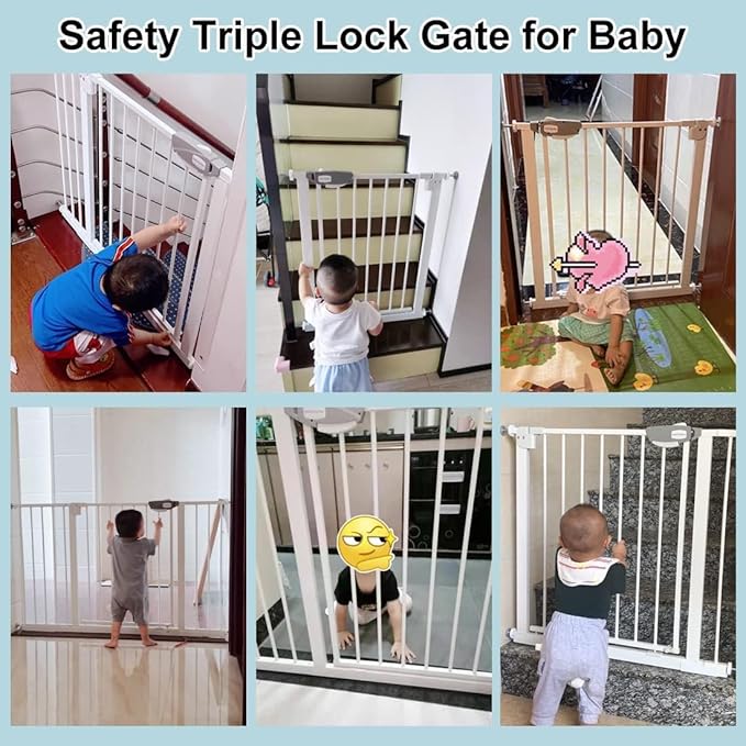 WAOWAO Triple Lock 29.72-47.24" Baby Gate Extra Wide Pressure Mounted Walk Through Swing Auto Close Safety White Metal Dog Pet Puppy for Stairs,Doorways,Kitchen