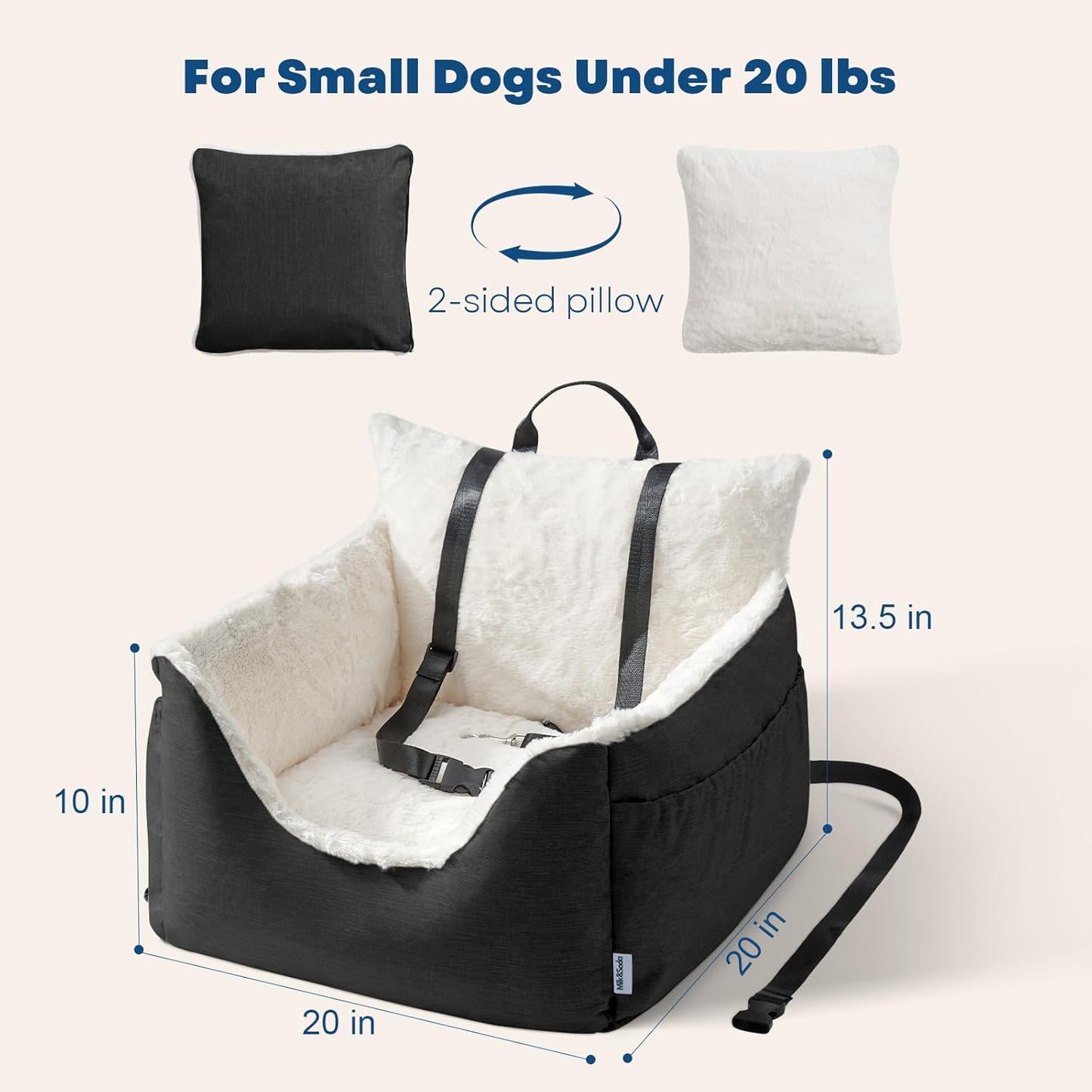 Milk and Soda Small Dog Car Seat Bed for Small Dogs Under 20 LBS with 2-Sided Pillow, Side Pockets, Built-in Leash, Machine Washable Cover (Black, Small)