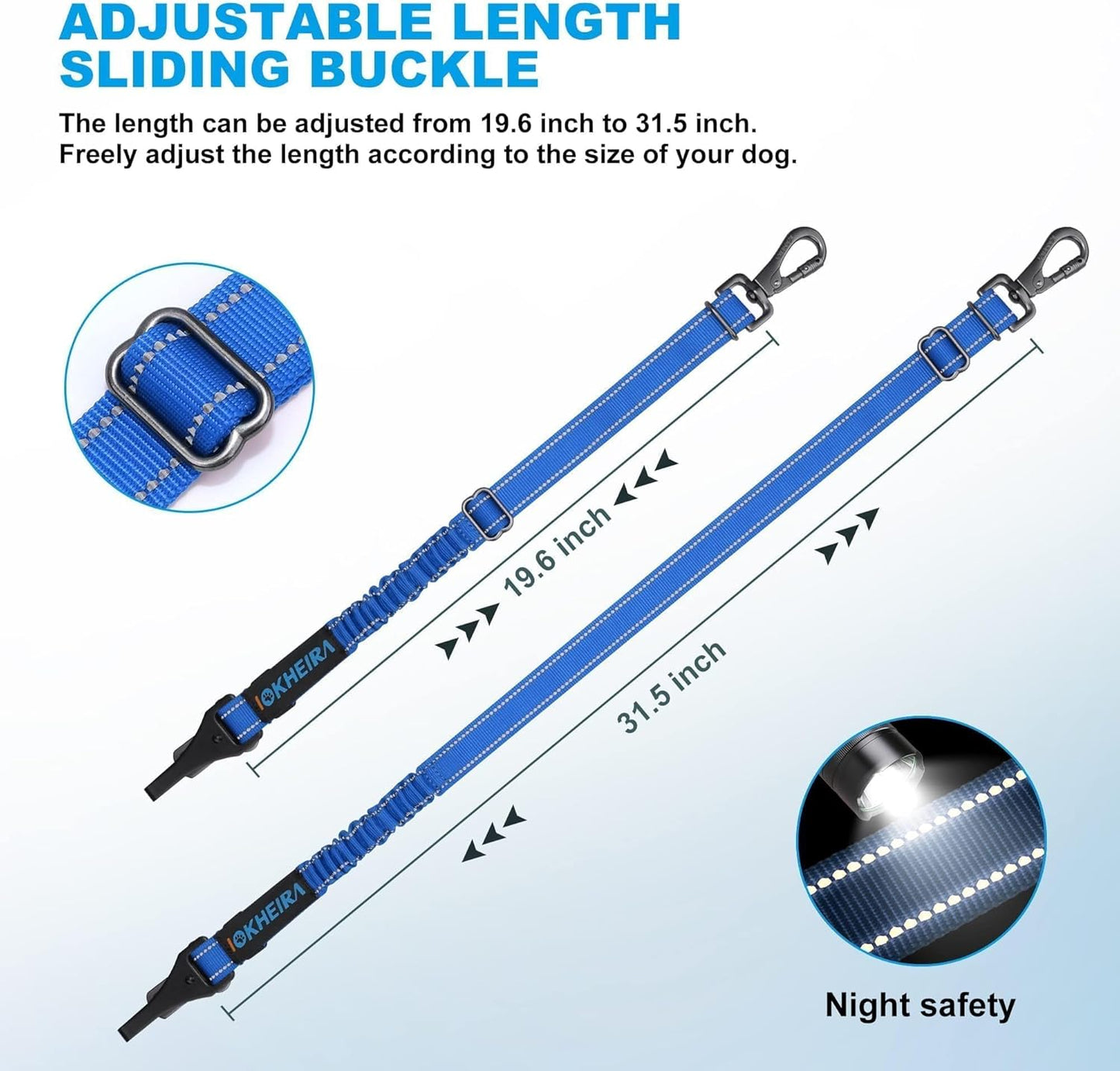 IOKHEIRA Dog Seat Belt 3-in-1 Car Harness for Pets Adjustable Safety Seatbelt Nylon Reflective Bungee Fabric Dog Car Harness with Clip Hook Latch & Buckle, Swivel Zinc Alloy Carabiner (Bule)